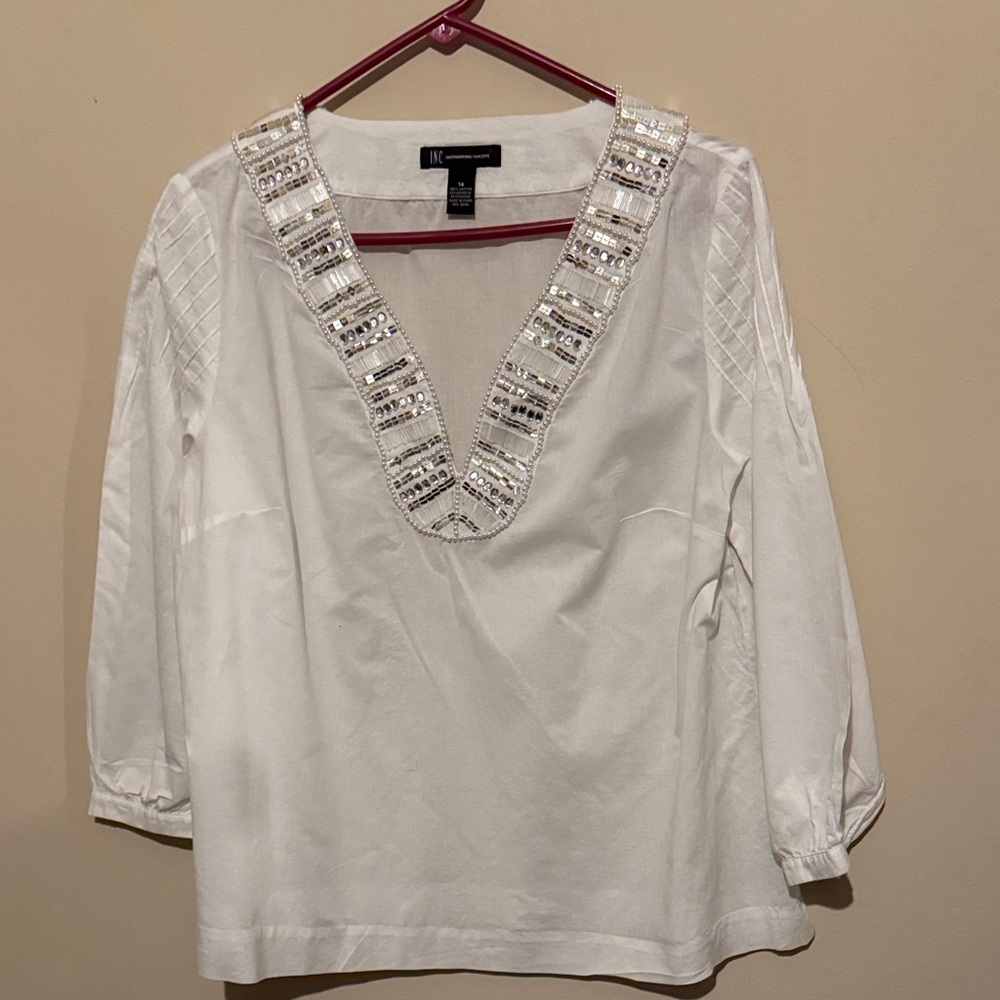 INC International Concepts White Sequin V-Neck Blouse
